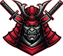 Fierce samurai warrior head with katana swords in red and black vector illustration