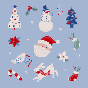 Collection of hand drawn flat christmas elements