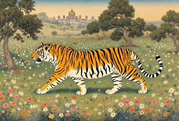 Traditional Mughal painting of tiger walking through botanical garden with palace domes and trees, vintage decorative wall art mural illustration for decor
