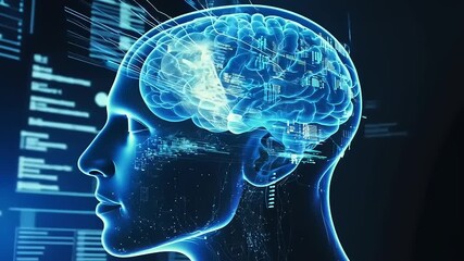 Futuristic digital representation of a human brain with data streams and technology background - Powered by Adobe