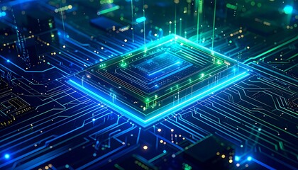 Abstract illustration of a computer circuit board with glowing central processor