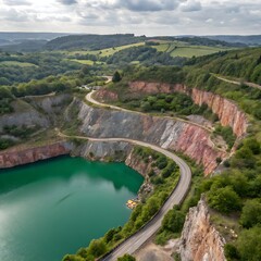 Aerial view of a quarry lake with a road winding along the edge