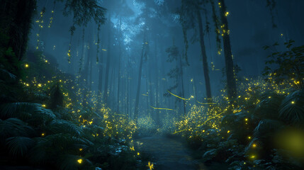 Enchanted forest glowing with bioluminescent plants, floating fireflies, mystical fog, dreamlike atmosphere, cinematic depth