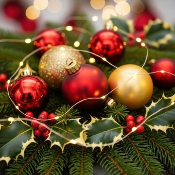 Festive christmas decorations with red and gold baubles on evergreen branches and twinkling lights