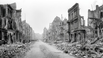 Stunning photo of post-war urban landscape shows bombed out buildings, destruction, damage. City street full of ruin, debris, collapsed houses in mist. World War II aftermath.