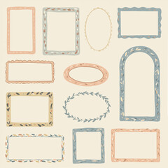 A collection of decorative hand-drawn frames in various shapes and pastel colors.