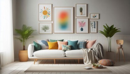 Bright and cozy living room with a white sofa, colorful pillows, and a gallery wall of art