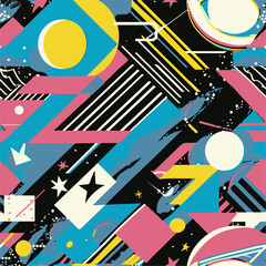  Abstract Geometric Seamless Pattern with Retro Shapes Colorful 80s Memphis Style Background