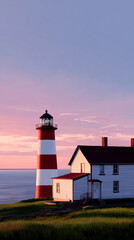 Scenic lighthouse at sunset overlooking calm waters

