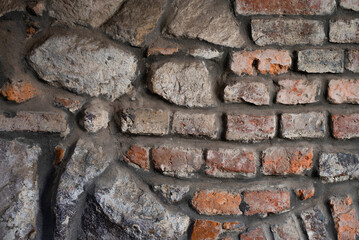 Rustic brick and stone wall with scattered textures and colors. Close-up view of an aged brick and stone wall showcasing varied textures walls of old church