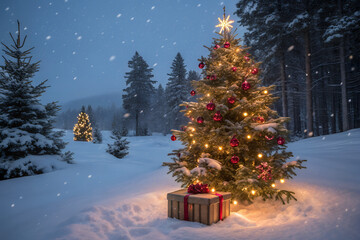 Festive Snowfall: An illuminated Christmas tree stands resplendent in a snow-covered winter wonderland. Capture the festive spirit with twinkling lights, shimmering snow.