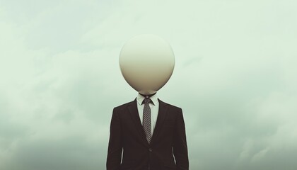 Surreal Image Of A Man Holding A White Balloon Over His Head, Creating An Unexpected And Whimsical Scene.