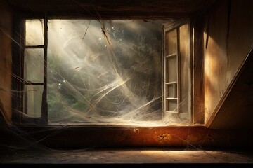 Sunbeams illuminate a spiderweb-covered window in an abandoned building, creating a mysterious and atmospheric scene.