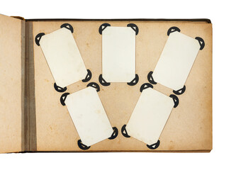 Clear blank photo frames to place your pictures on old family album in retro style. Vintage photo album with old photos.