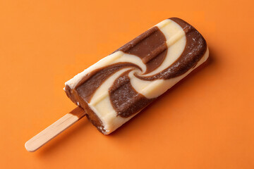 Obraz premium Swirled Popsicle Treat on Orange: A close-up shot captures a delightful swirled popsicle on an orange background, creating a vivid visual of the frozen treat.