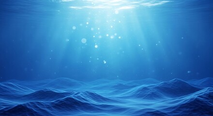 Underwater Scene, Deep Blue Ocean, Sunlight Beams.