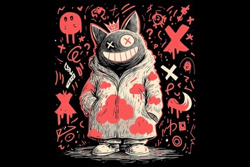Un gato antropomórfico con una expresión enigmática y un estilo urbano.