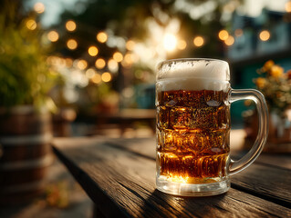 cold beer mug on an outdoor picnic table