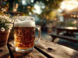 cold beer mug on an outdoor picnic table