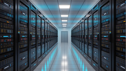 A server room with rows of server racks and a bright white floor and ceiling with lights overhead
