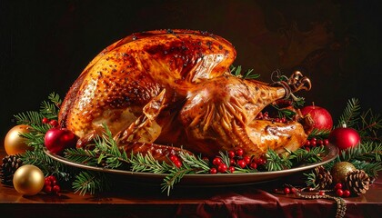 a roasted turkey on a platter decorated with pine needles, berries, and Christmas ornaments. The turkey appears golden brown and ready to be served