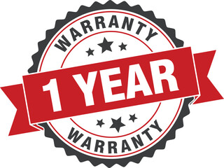 Obraz premium One Year Warranty Badge with Ribbon Banner and Star Symbols in Grey Red and White
