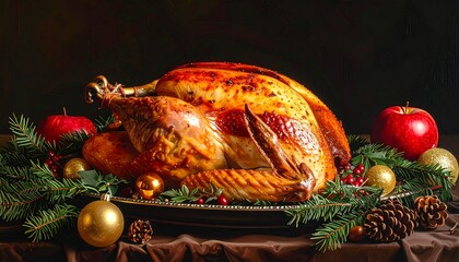 A roasted turkey is presented on a platter with Christmas decorations like apples, pine needles, berries, and ornaments. The image evokes a festive holiday atmosphere