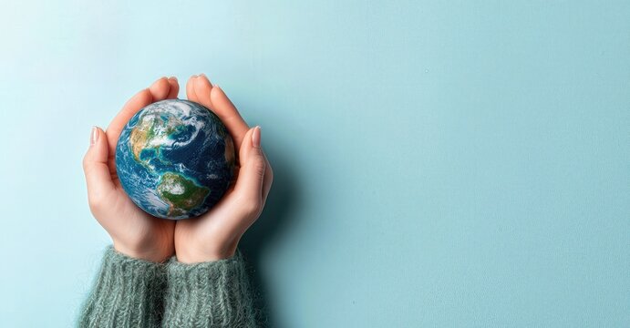 Manos sosteniendo un modelo del planeta Tierra sobre un fondo azul.