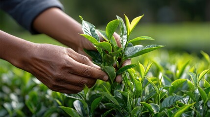 Hands delicately select tea leaves in soft morning light, surrounded by abundant green plants in a serene plantation