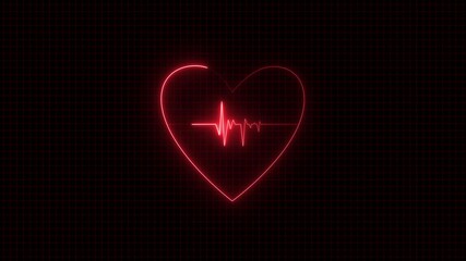 A red neon heart-shaped heartbeat inside a love symbol, with a red grid in the background.