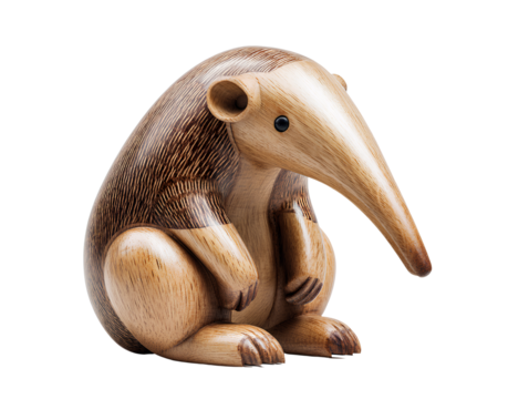 Small carved wooden anteater figurine isolated on transparent background