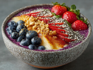 colorful acai smoothie bowl topped with strawberries and blueberries