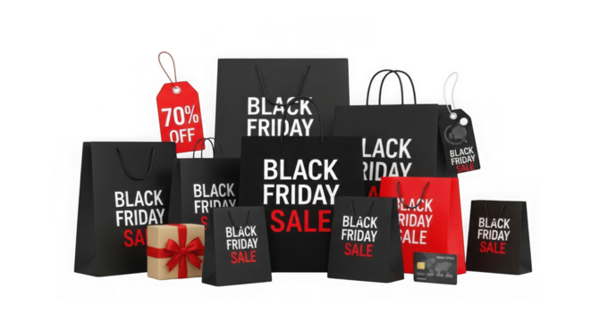 Black friday sale items isolated on transparent background