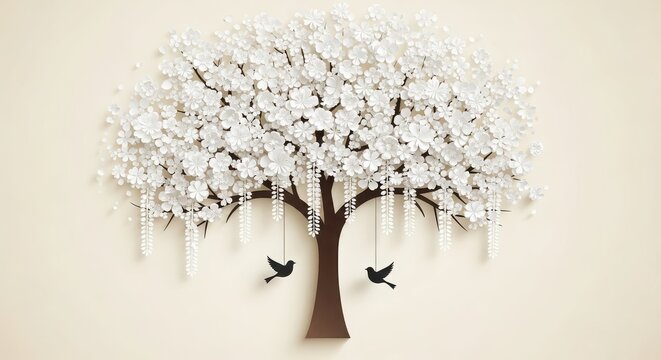 Decorative tree with white blossoms and two silhouette birds
