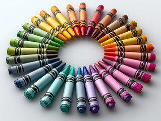 colorful crayons arranged in a circle white background