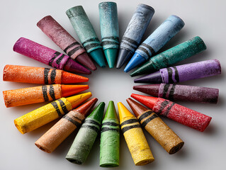 colorful crayons arranged in a circle white background