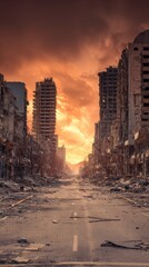 Stunning photo of empty street of burnt up city. Apocalyptic view of city downtown as disaster film poster concept. City destroyed by war.