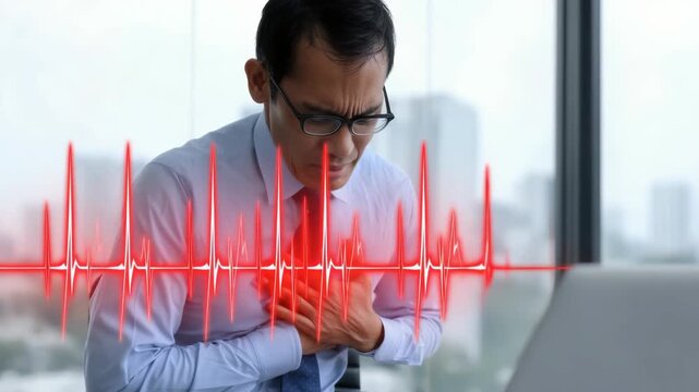 Chest pressure: figure holds heart region, depicting circulatory disorder, myocardial disturbance, heart failure, vascular problem, blood circulation issue, infarction risk, cardiac emergency.