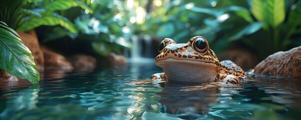 A patterned frog rests in a tranquil forest pool surrounded by lush greenery and soft water reflections