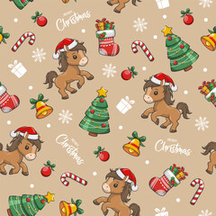 Seamless Pattern Merry Christmas With Cute Horse Santa And Christmas Tree, Vector Cartoon Illustration