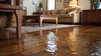 Stunning photo of close-up of a flooded living room floor from a water leak, highlighting the damage to furniture and flooring.