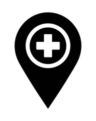 Obraz premium Black location pin with medical cross showing hospital and healthcare facility symbol and sign guidance and finding healthcare services available