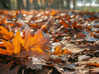 Autumn leaves glowing in sunlight, scattered on forest floor with warm tones and soft blur
