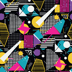  Abstract Geometric Seamless Pattern with Retro Shapes Colorful 80s Memphis Style Background