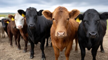 Curious brown cows gaze towards the camera, showcasing their big eyes and long ears in a lush grassland setting