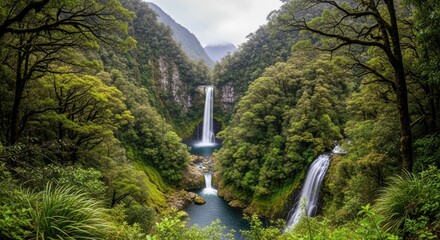 Enchanting twin waterfalls in lush rainforest valley captured in vibrant colors