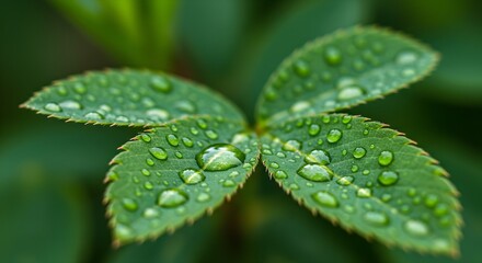 Fresh green leaves with water droplets, nature background, macro photography.