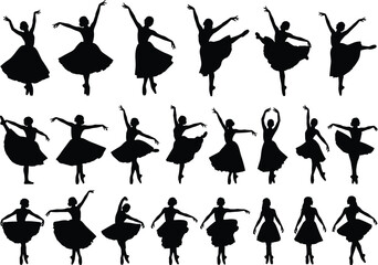 Ballet dancer silhouette illustration set, elegant ballerina poses collection, black and white dance artwork, graceful performance vector clipart for design projects