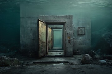 Obraz premium Mysterious Underwater Entrance: A surreal digital artwork depicting a submerged concrete structure with open doors leading into an unknown aquatic depth.