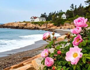 Coastal scene with pink roses